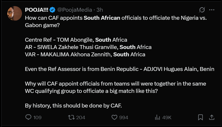 Nigerians cry out after South African referees were appointed to officiate Nigeria
